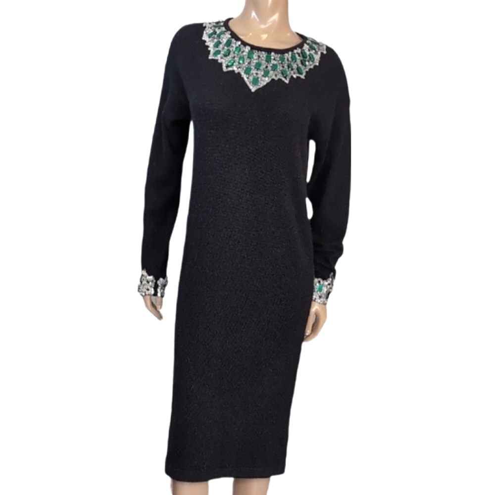 Vintage Outlander Lambswool Angora Rabbit Hair Sweater Dress Embellished Black